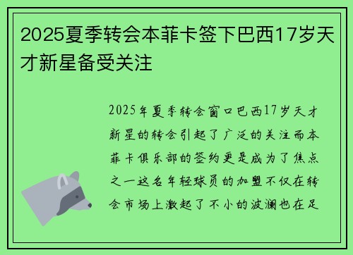 2025夏季转会本菲卡签下巴西17岁天才新星备受关注 2025夏季转会本菲卡签下巴西17岁天才新星备受关注
